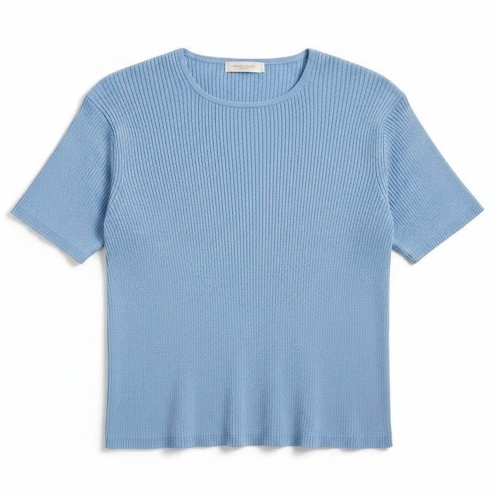 Kevo Collection Blue 100% Silk Ribbed Short Sleeve Knit‎ Sweater, Women's Large
